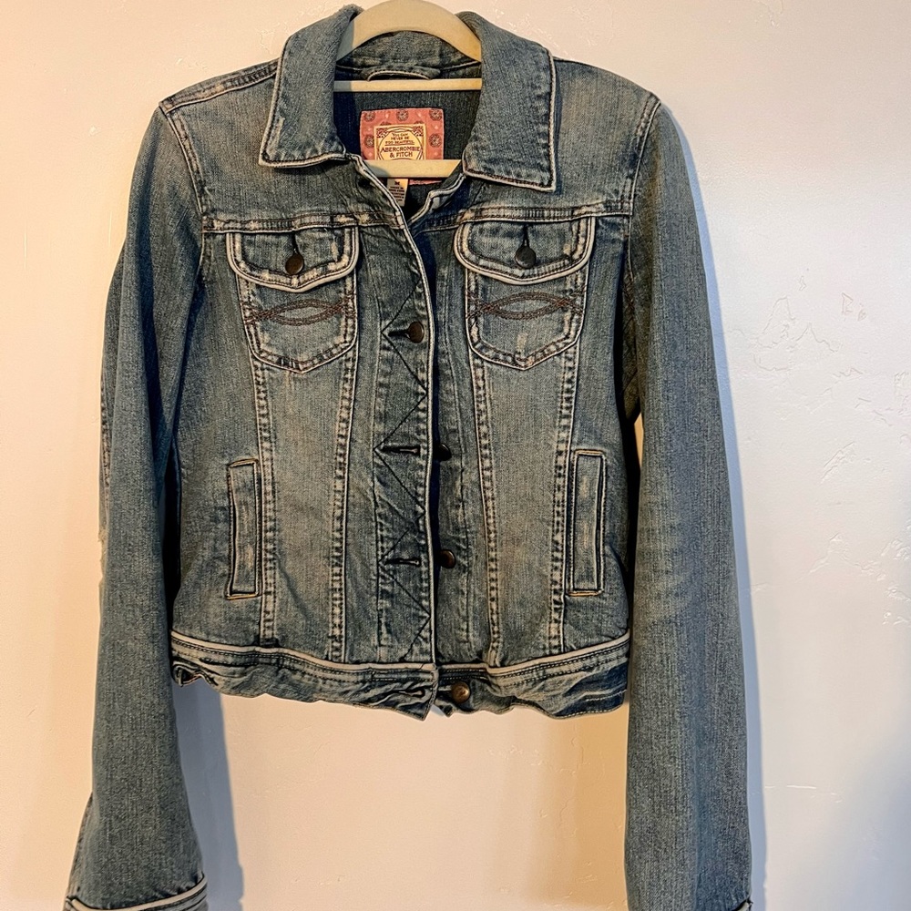 A & F denim jacket, button-down, hits at waist M
